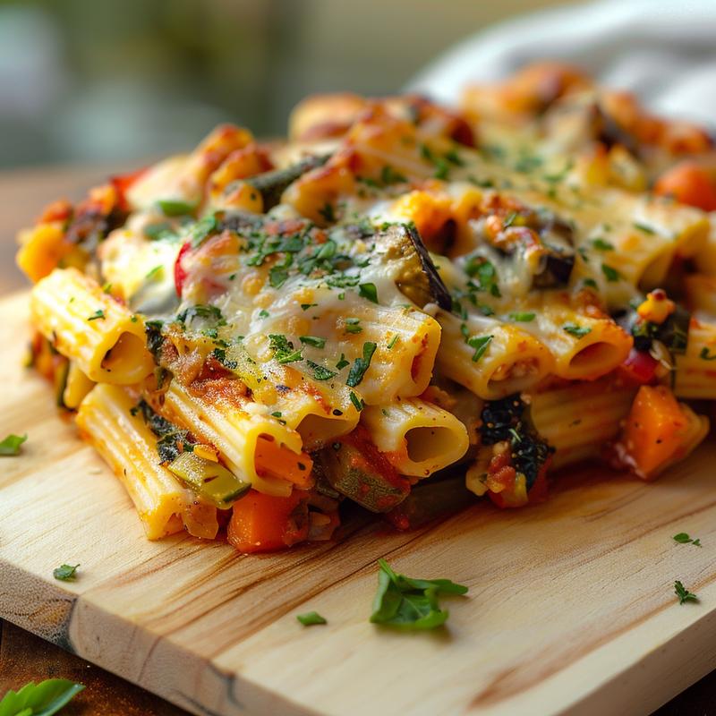 Close-up of a veggie-packed breakfast casserole on a light wood board.