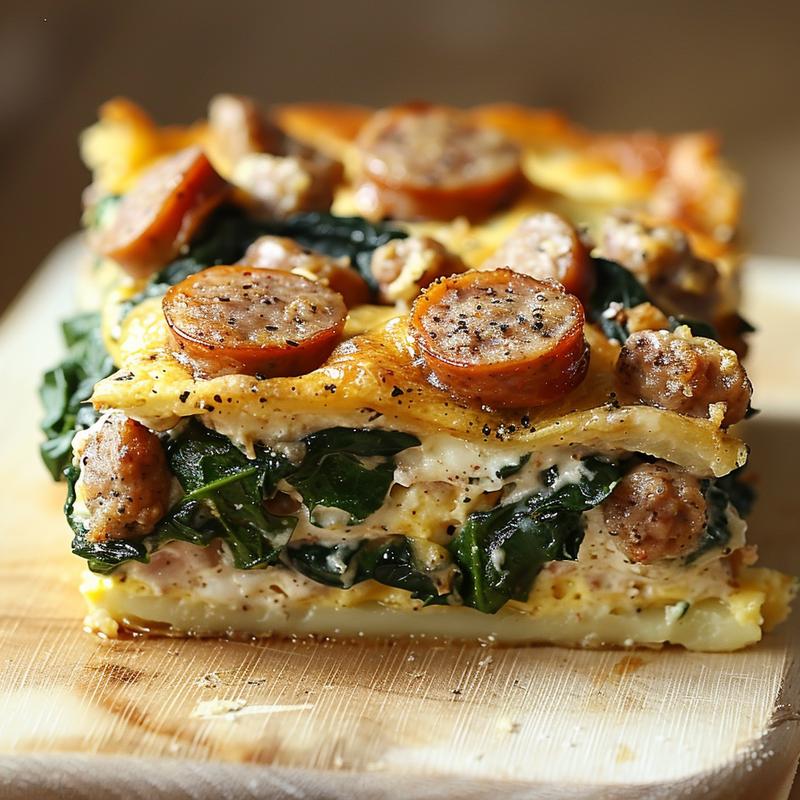 Close-up of a high-protein breakfast casserole featuring turkey sausage and spinach on a wood board.