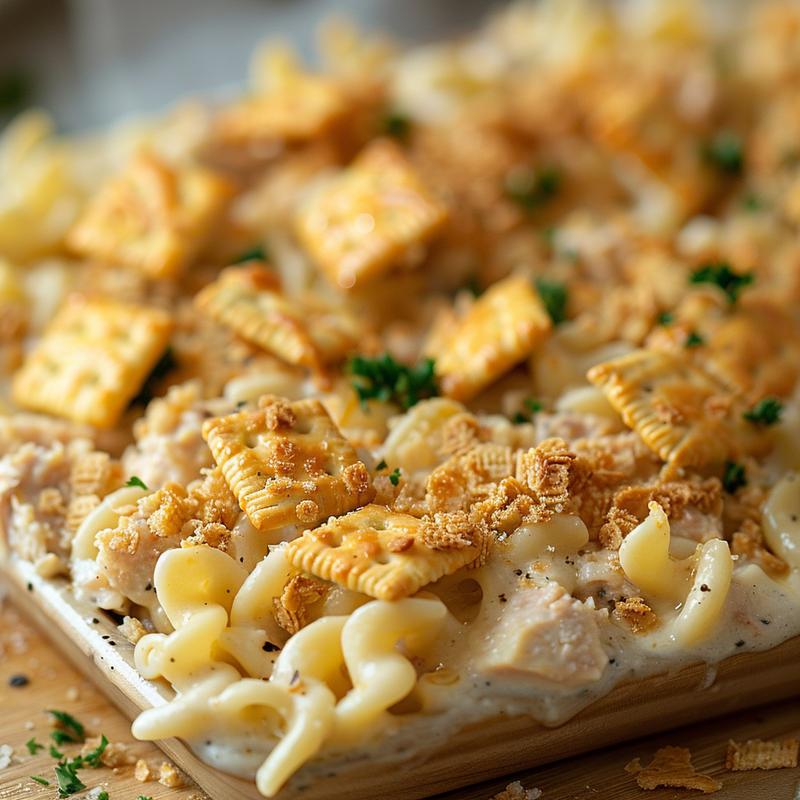Close-up of creamy tuna noodle casserole topped with Ritz crackers on a wooden board.