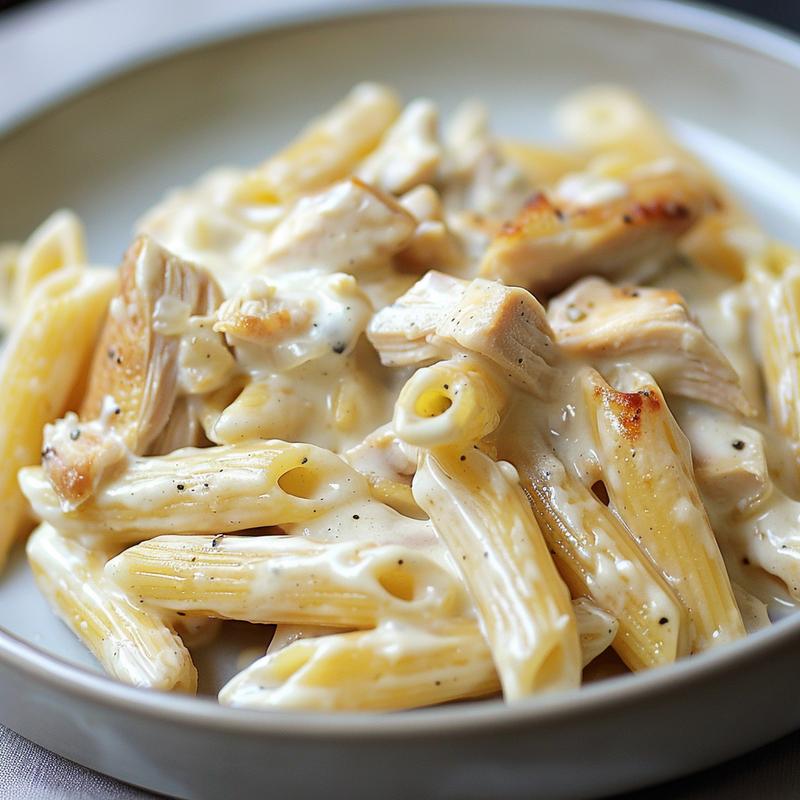 Close-up of creamy white sauce pasta with chicken on a light grey plate.