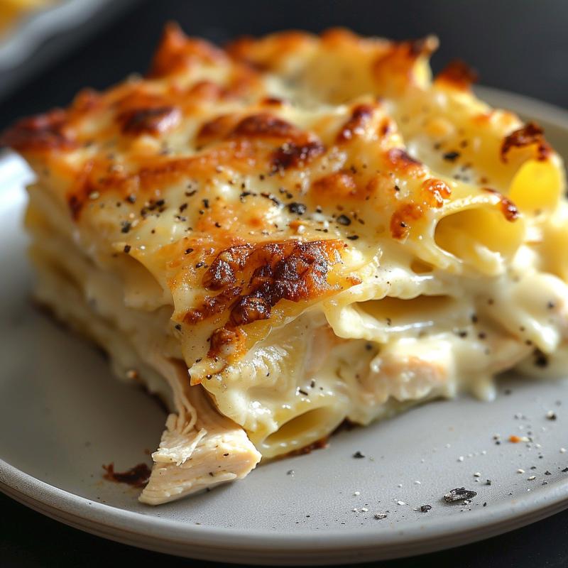 Close-up of baked chicken alfredo pasta on a light grey ceramic plate.