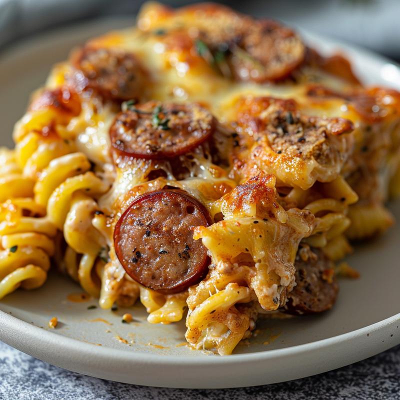 Close-up of a cheesy sausage pasta bake on a light grey ceramic plate.