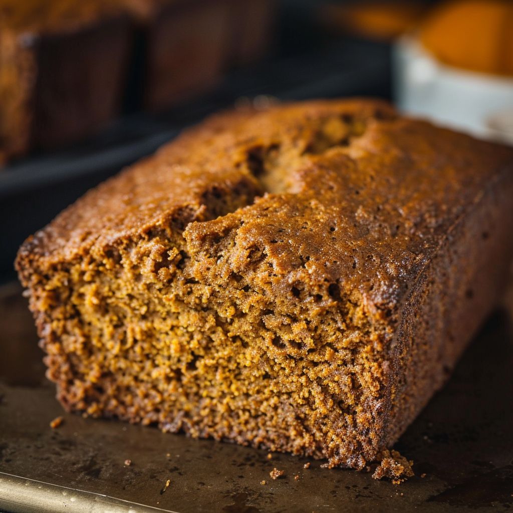 A freshly baked pumpkin bread loaf on a wooden cutting board, surrounded by pumpkin seeds and spices.
