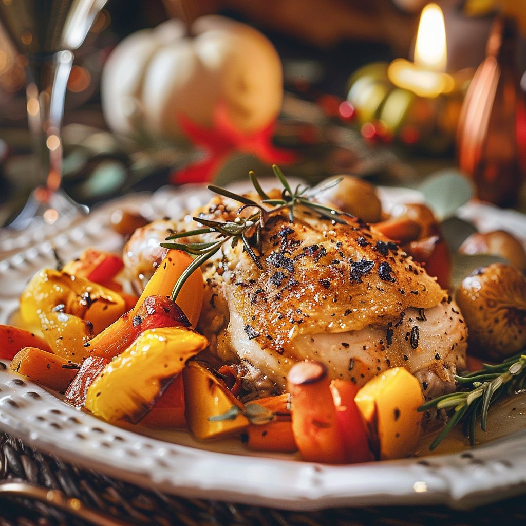 A beautifully set autumn-themed dinner table with seasonal dishes and decor.