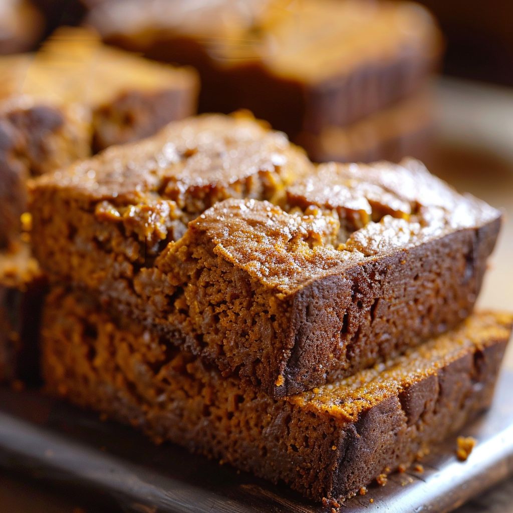 A beautifully baked loaf of pumpkin bread on a wooden cutting board, with slices slightly fanned out.