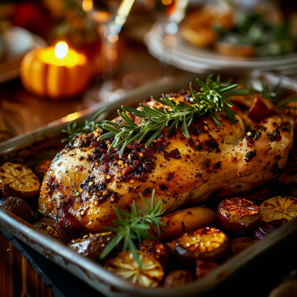 A beautifully arranged fall family dinner table featuring roasted turkey, seasonal vegetables, and pumpkin pie.
