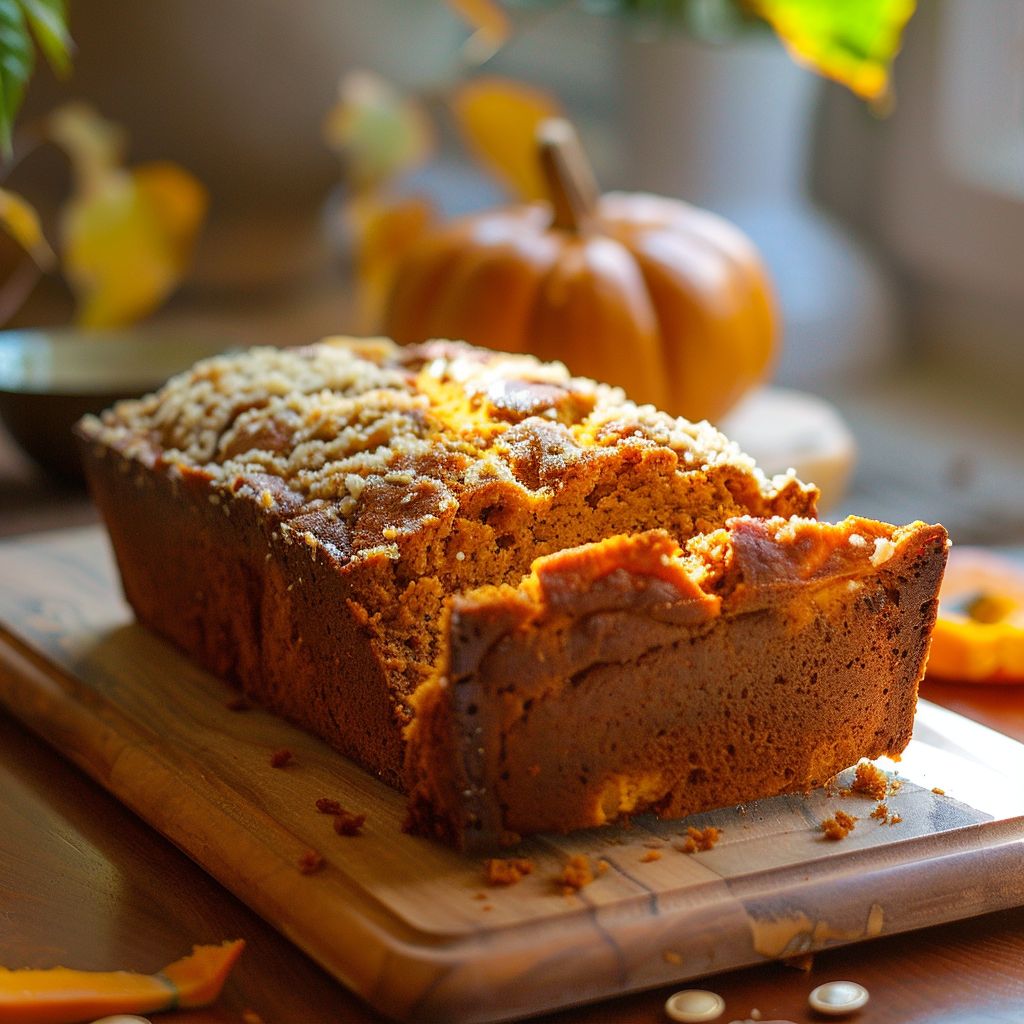A slice of moist pumpkin bread topped with a brown sugar pecan crumble, displayed on a wooden board.