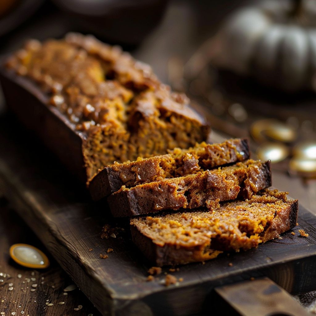 A slice of rich brown butter pumpkin bread with a glossy salted maple glaze, placed on a wooden cutting board.