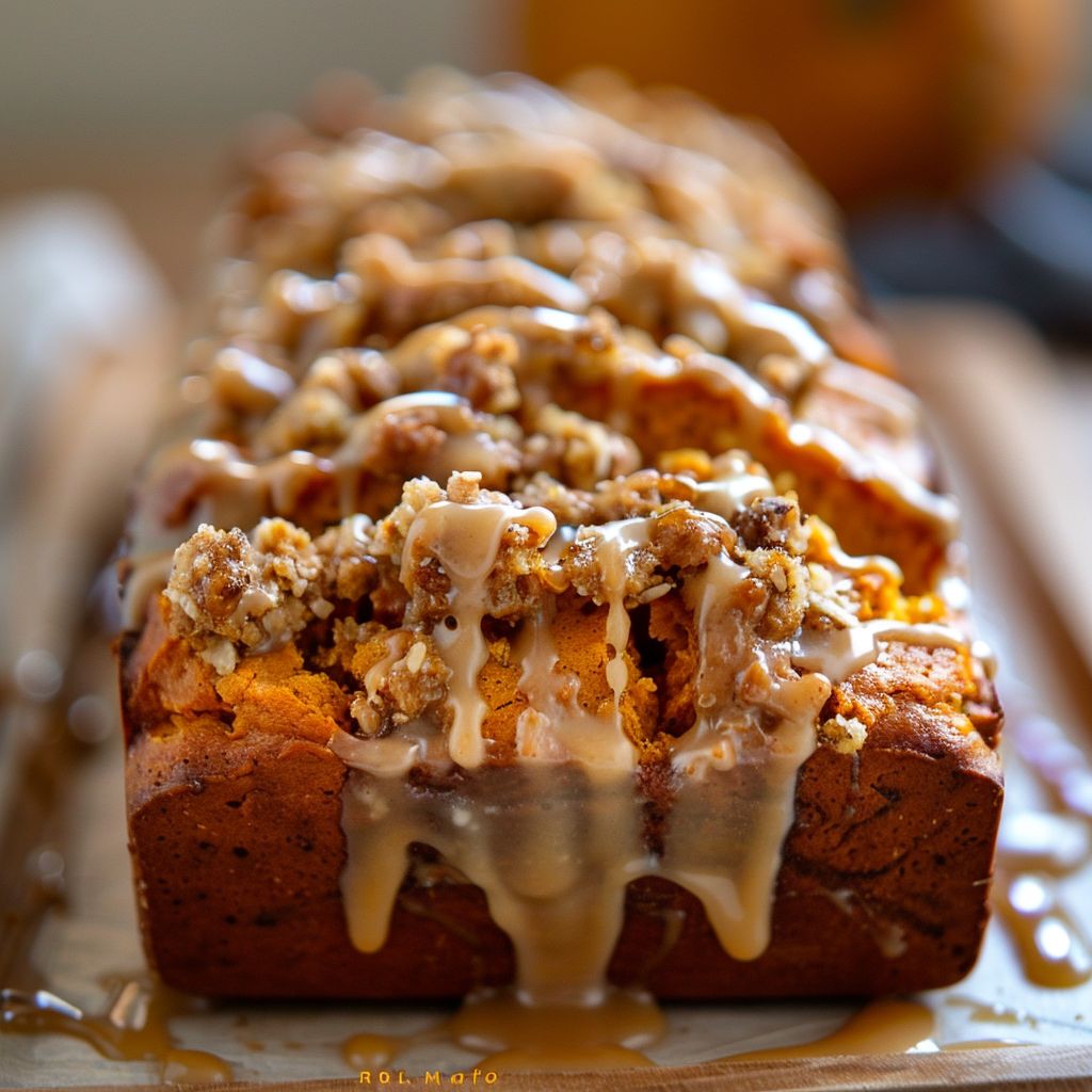 A slice of Maple Glazed Streusel Pumpkin Bread topped with a sweet maple glaze and scattered with streusel crumbs on a wooden cutting board.