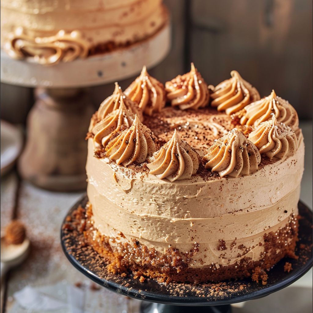 A rich, frosted pumpkin cake with a creamy orange frosting topped with fall spices.