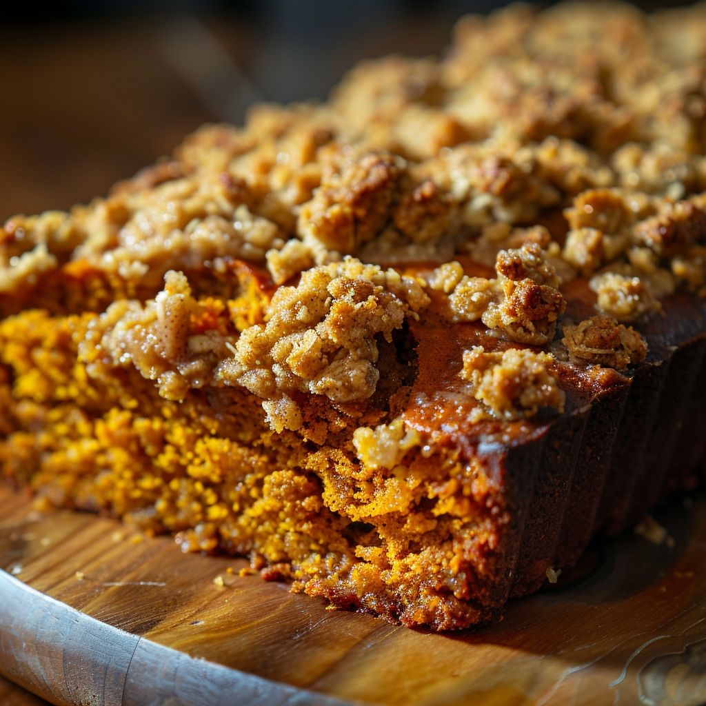 A close-up of freshly baked pumpkin bread topped with a golden brown streusel topping.
