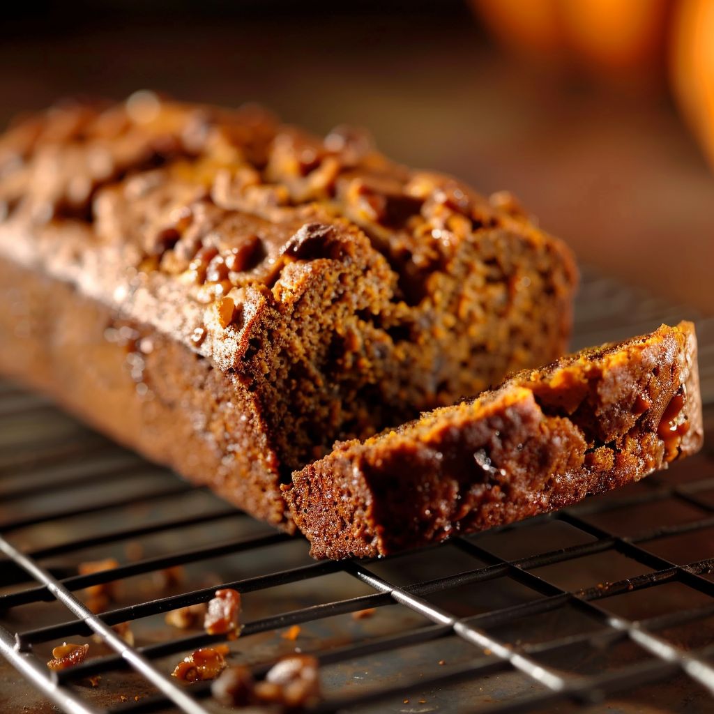 A slice of moist pumpkin bread topped with streusel and drizzled with maple glaze on a wooden table.