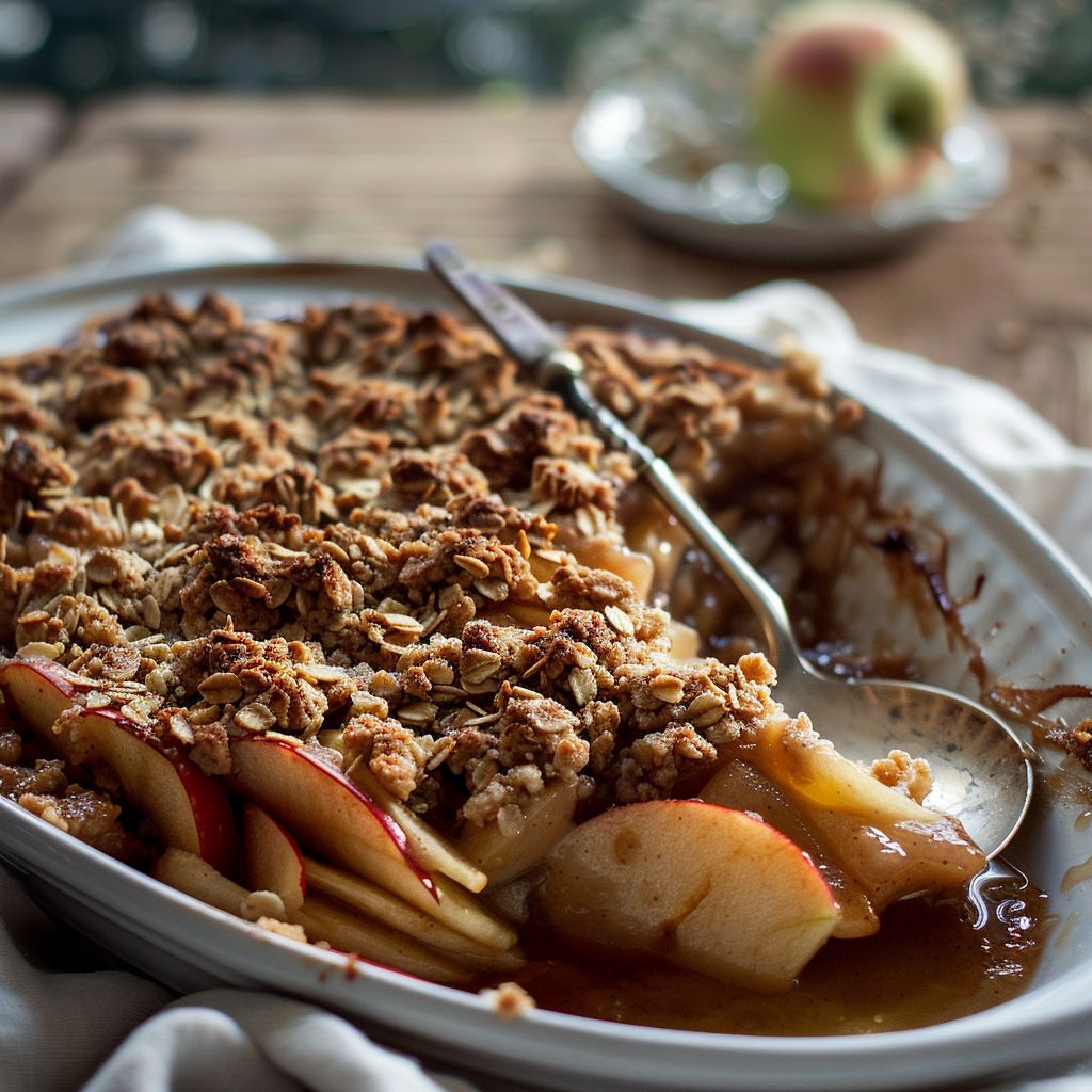 A close-up of a freshly baked apple crisp with a golden-brown topping.