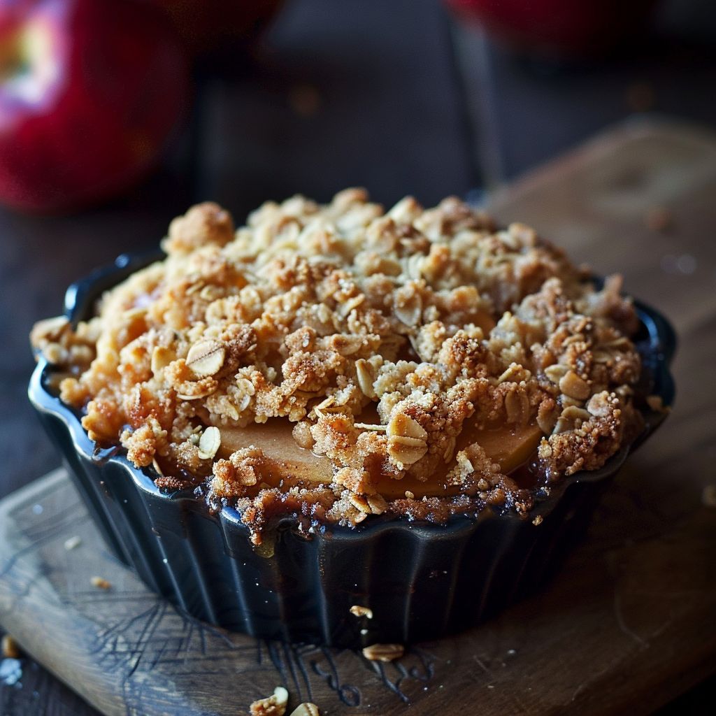 A freshly baked apple crisp with a golden crumble topping, served in a rustic dish.