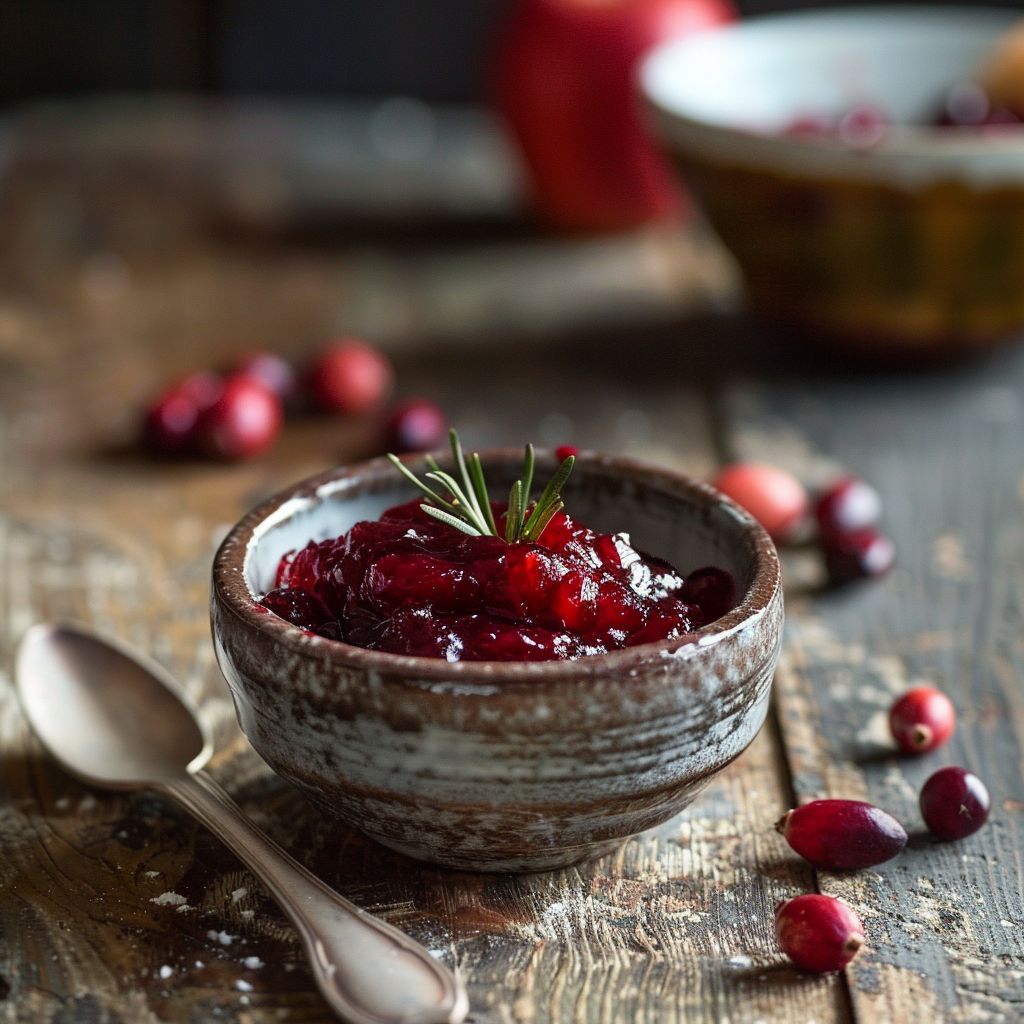 A close-up of a jar filled with vibrant cranberry apple chutney, surrounded by fresh apples and cranberries.