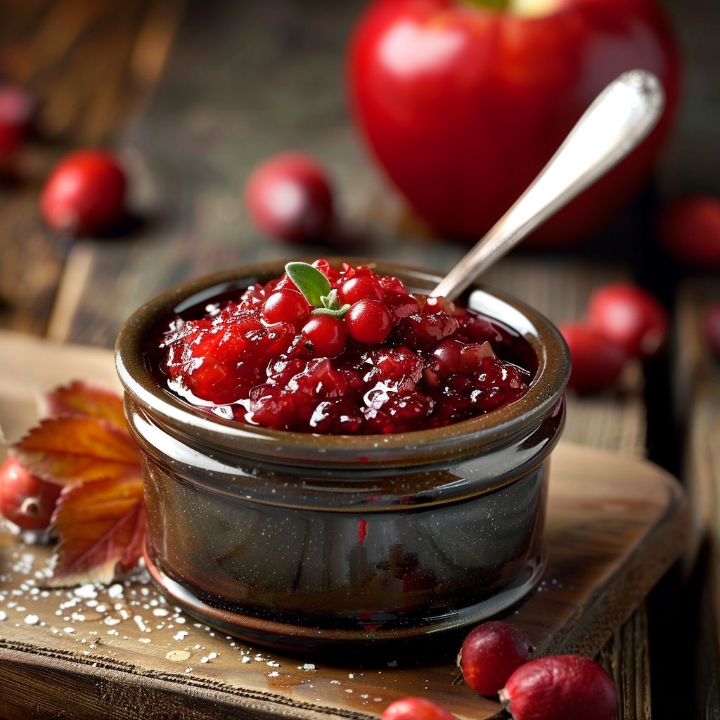 A close-up of vibrant cranberry apple chutney in a rustic bowl, garnished with herbs.