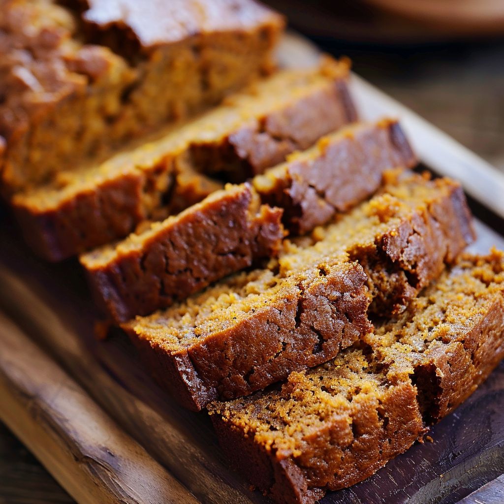 A slice of moist pumpkin bread with a golden-brown crust on a wooden cutting board.
