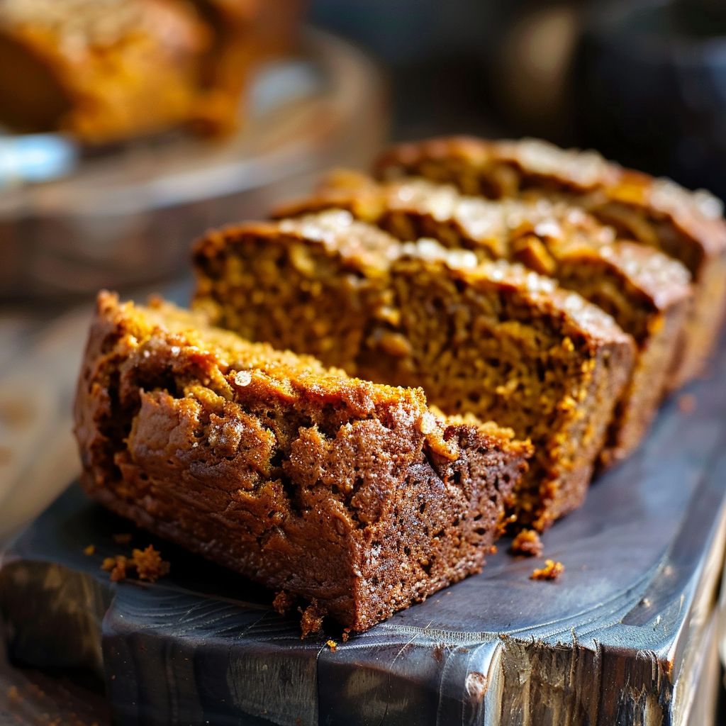 A beautifully baked loaf of pumpkin bread resting on a rustic wooden table.
