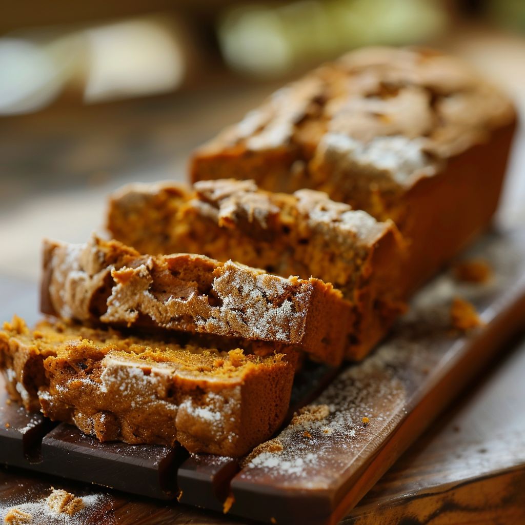 A close-up view of freshly baked pumpkin bread with a golden crust and a soft interior.