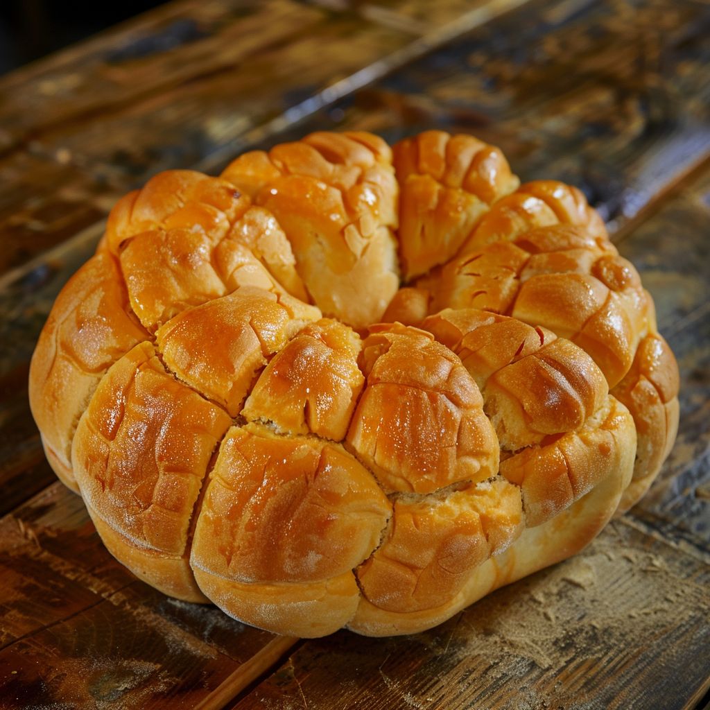 A close-up of pumpkin-shaped bread with a light cream cheese filling, showcasing a golden crust.