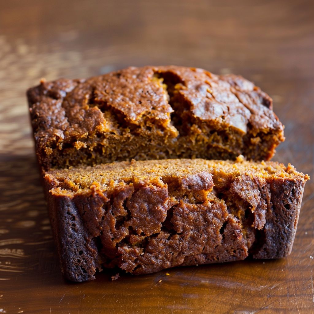 A slice of moist pumpkin bread on a wooden cutting board with a soft focus background.