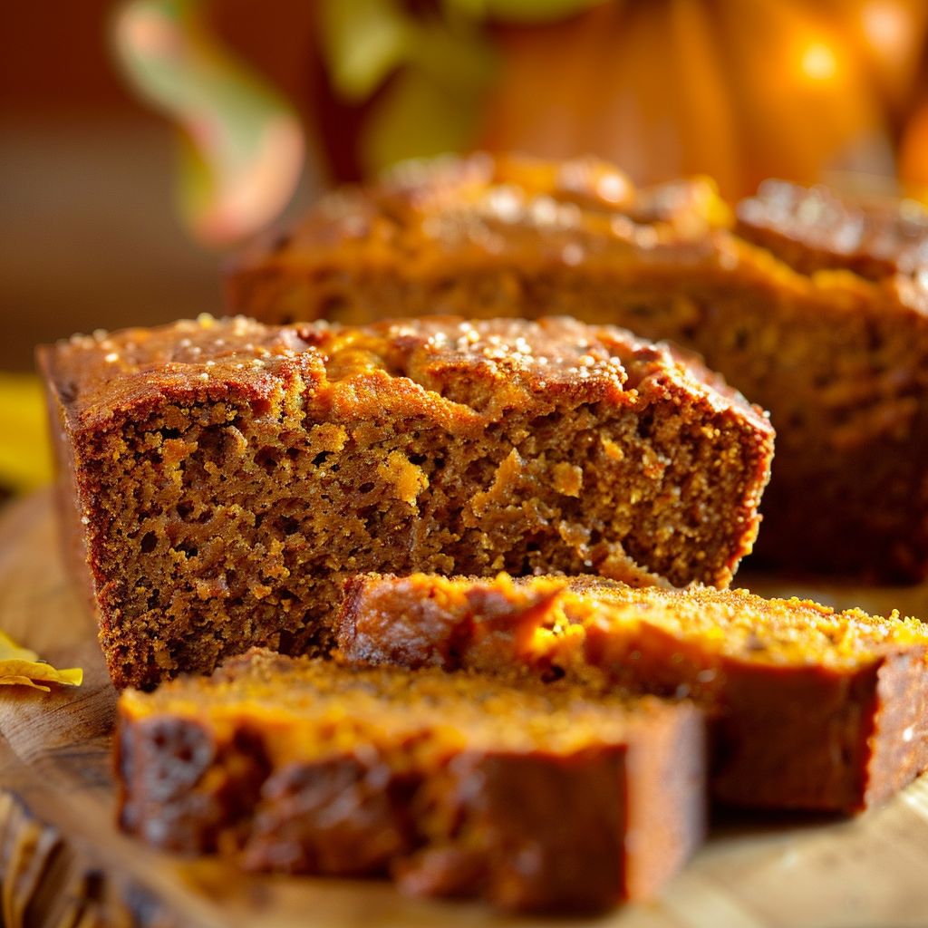 A loaf of moist pumpkin bread sliced, showcasing its soft texture and rich orange color.