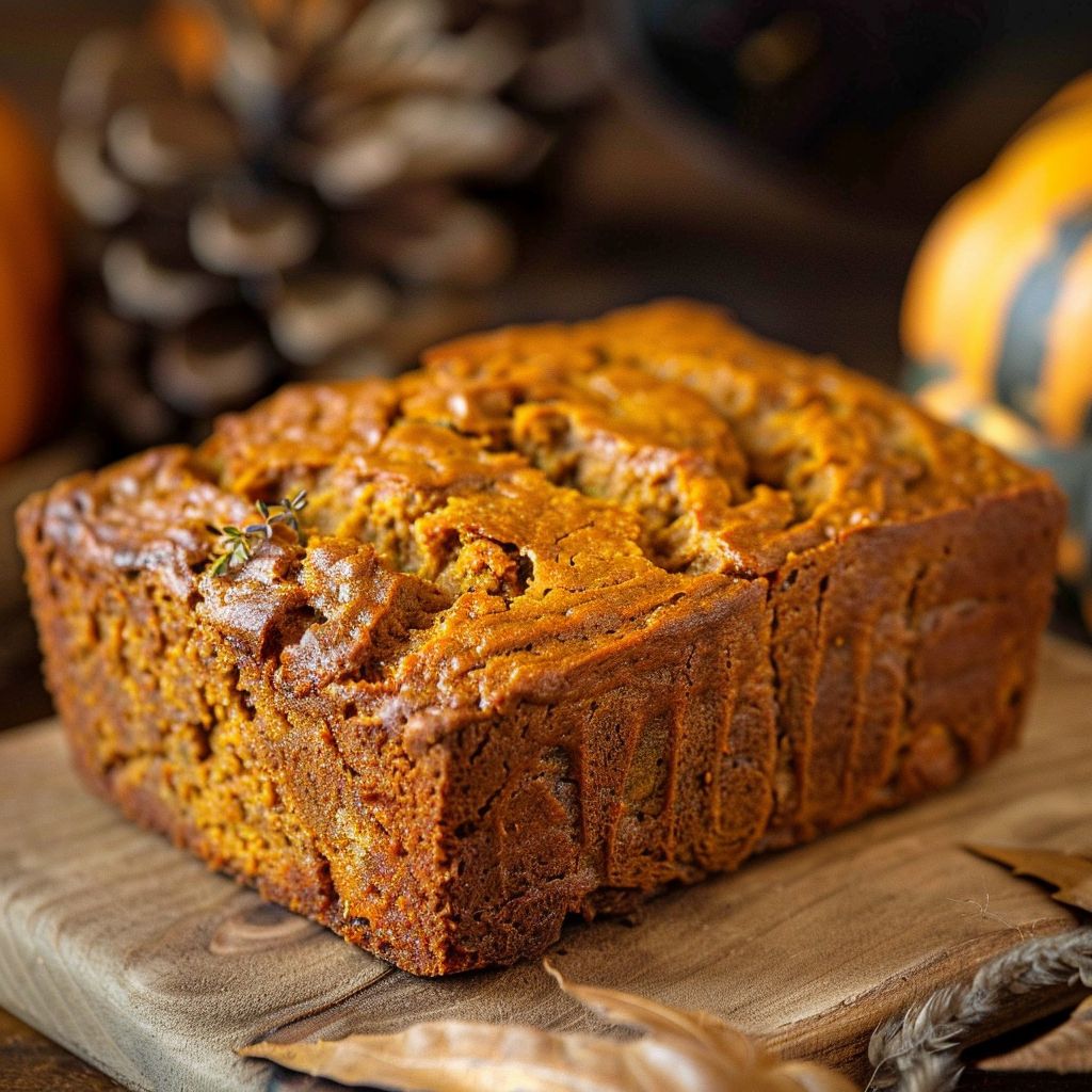 A loaf of golden-brown pumpkin bread with a slice cut out, showcasing its moist texture.
