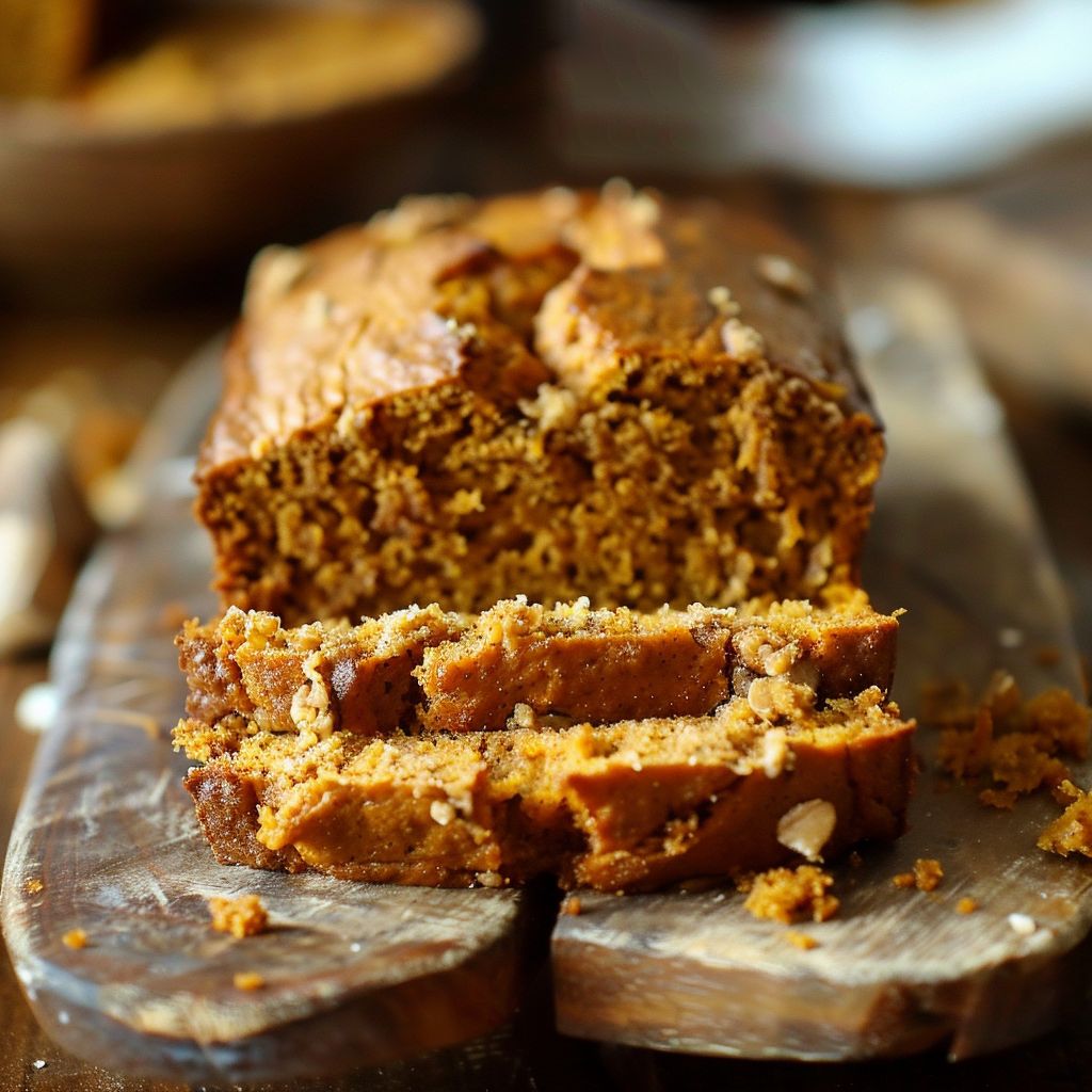 A slice of moist pumpkin bread on a wooden cutting board with a rustic background.