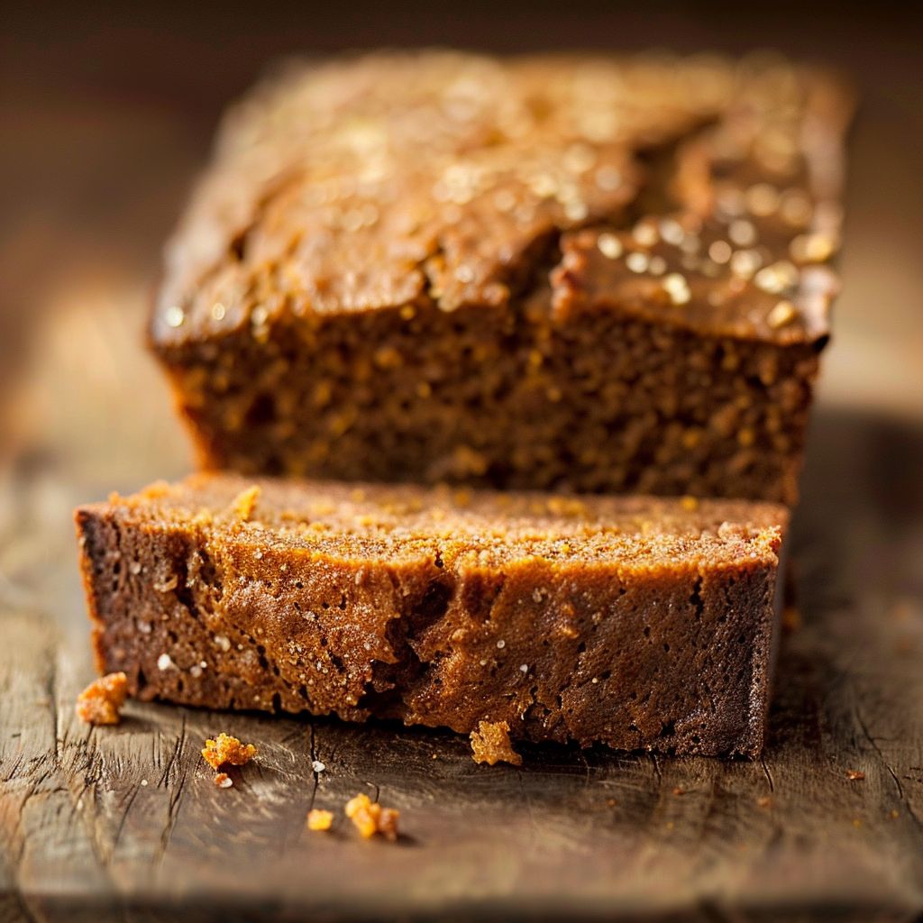 A loaf of Libby's pumpkin bread sliced and displayed on a wooden cutting board.