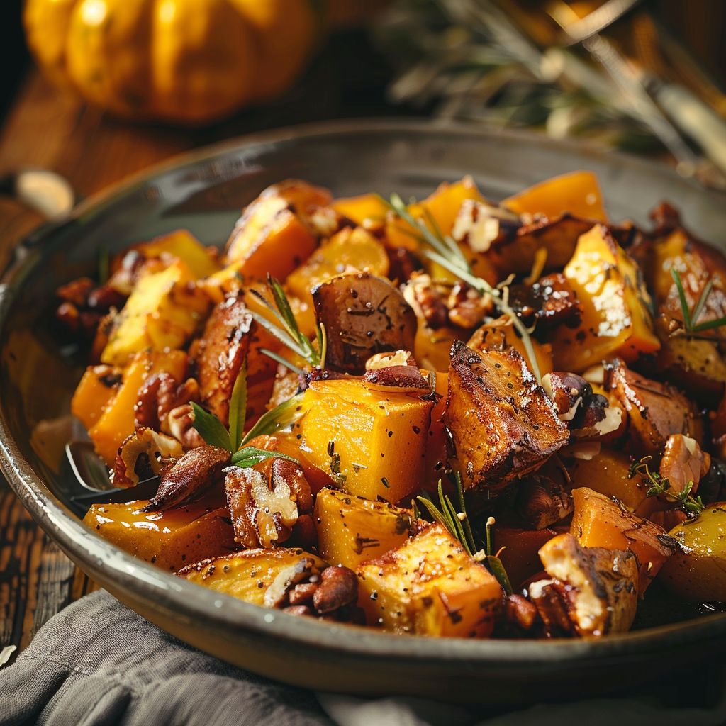 A beautifully styled fall dish featuring roasted vegetables and grains in soft natural light.