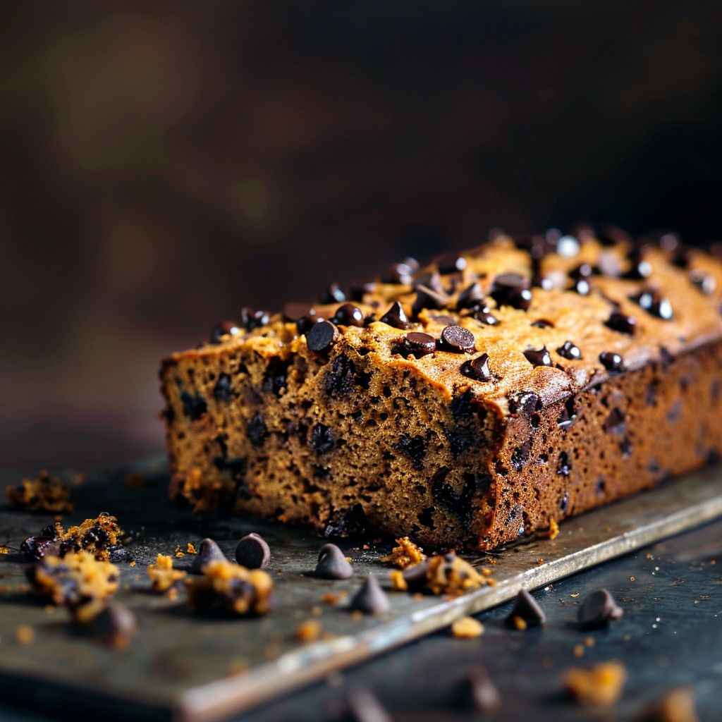 A loaf of freshly baked pumpkin chocolate chip bread on a wooden surface.