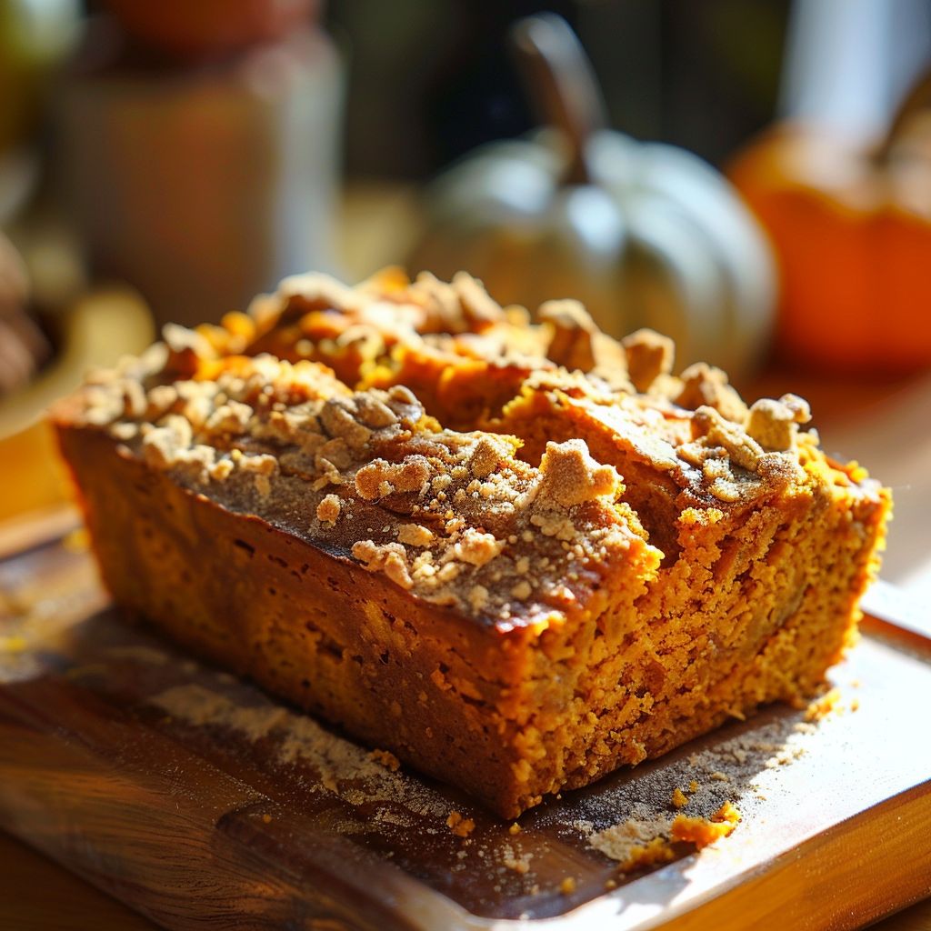 A loaf of Vegan Pumpkin Bread on a wooden cutting board with a slice cut out, showcasing its moist texture.