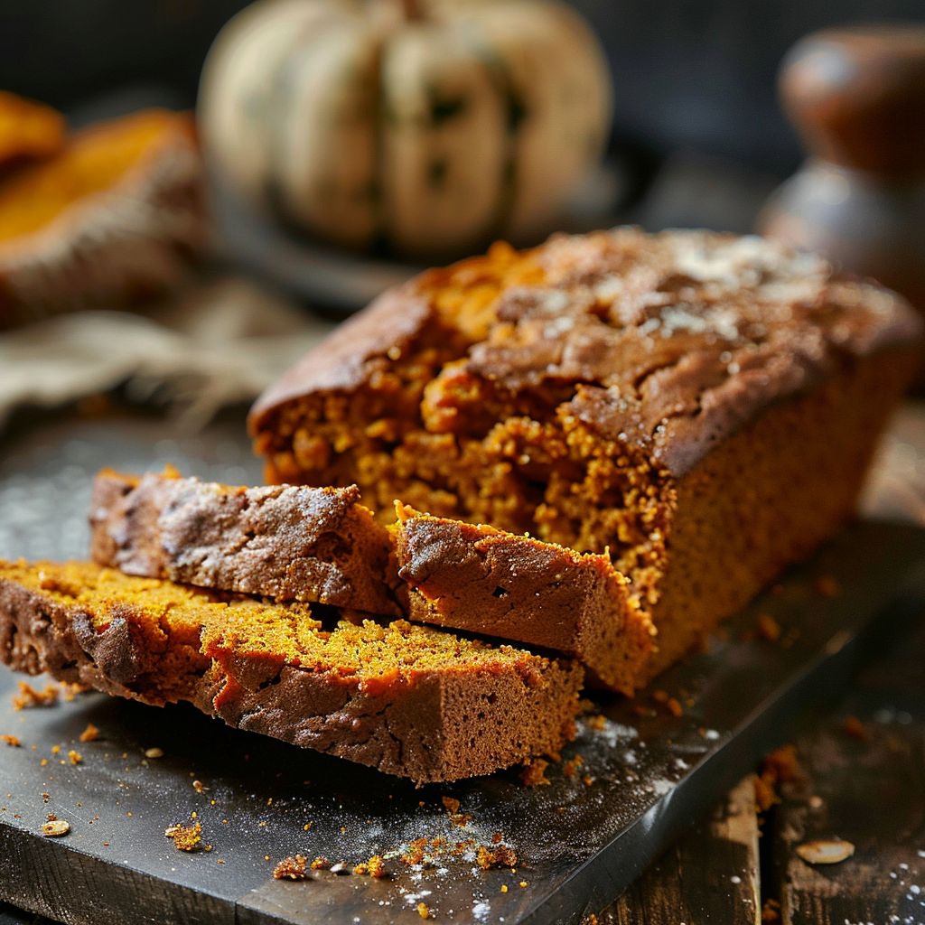 A loaf of Maple Pumpkin Bread topped with a crumbly streusel, placed on a wooden board.