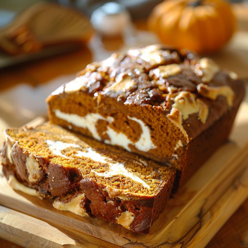 A freshly baked pumpkin bread loaf topped with crumbly streusel, displayed on a wooden cutting board.