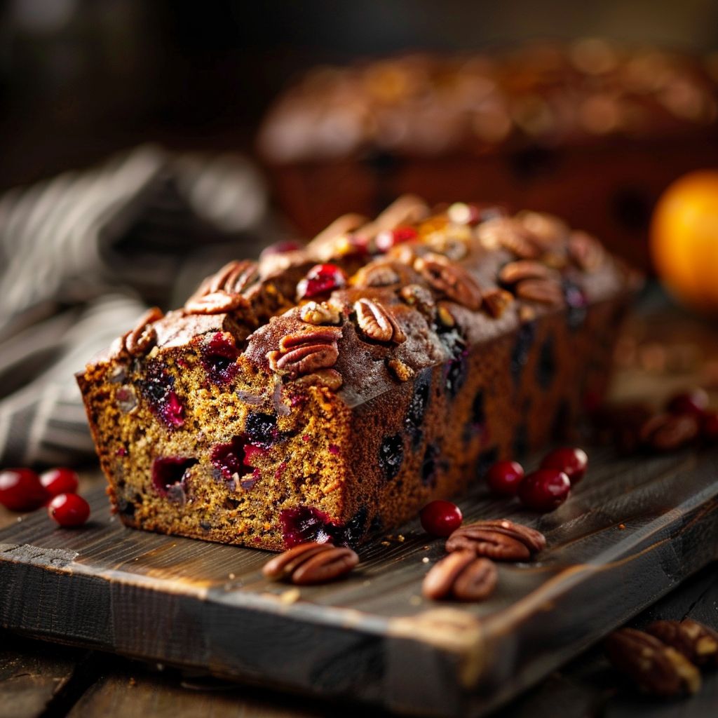 A loaf of Cranberry Pecan Pumpkin Bread with visible cranberries and pecan pieces on a wooden cutting board.