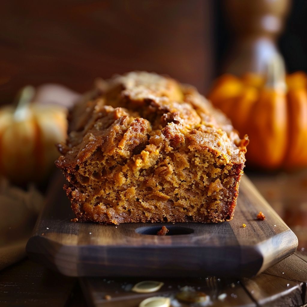 A freshly baked loaf of pumpkin bread with a golden brown crust, sliced to reveal its moist interior.