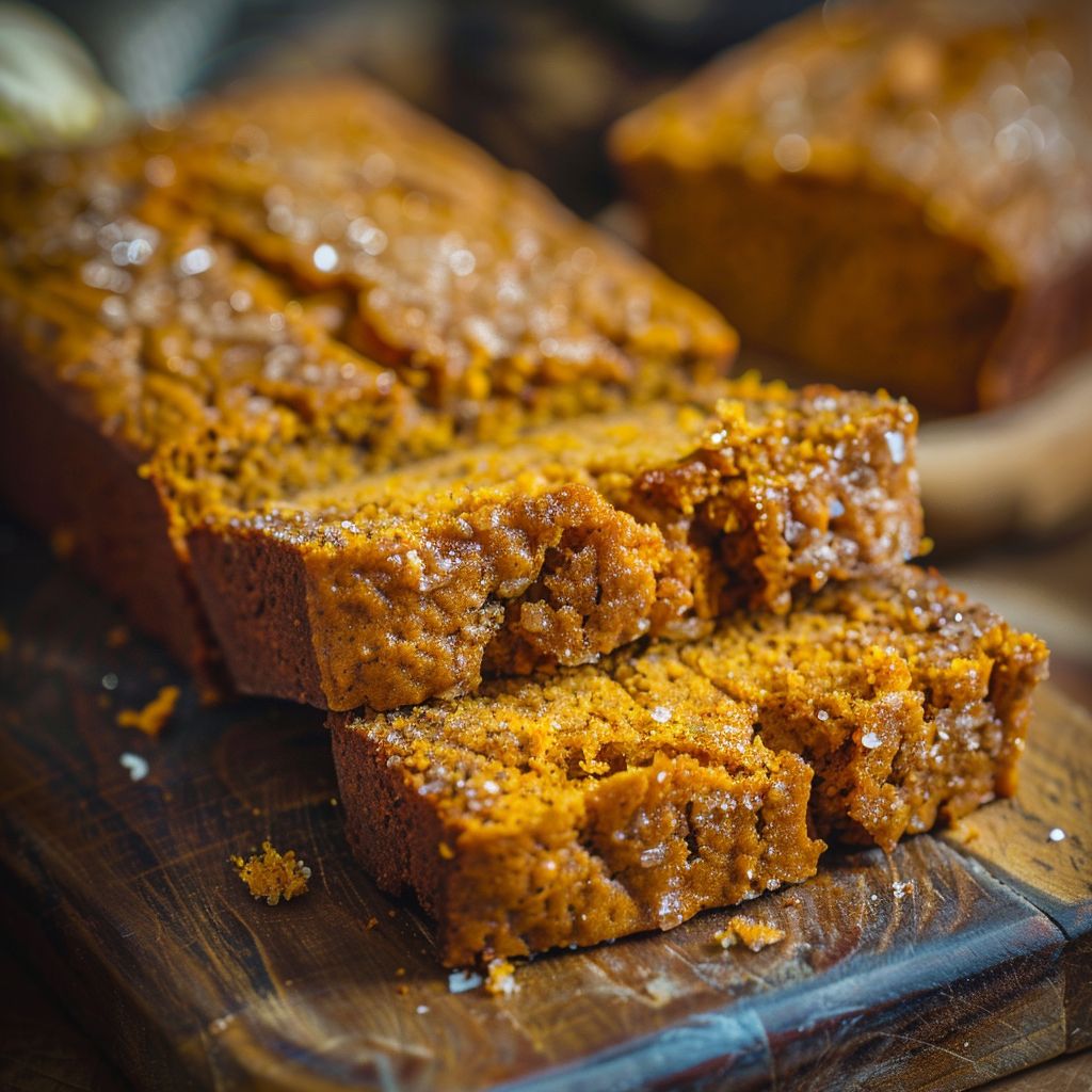 A close-up of a slice of vegan pumpkin bread, showcasing its moist texture and warm color.