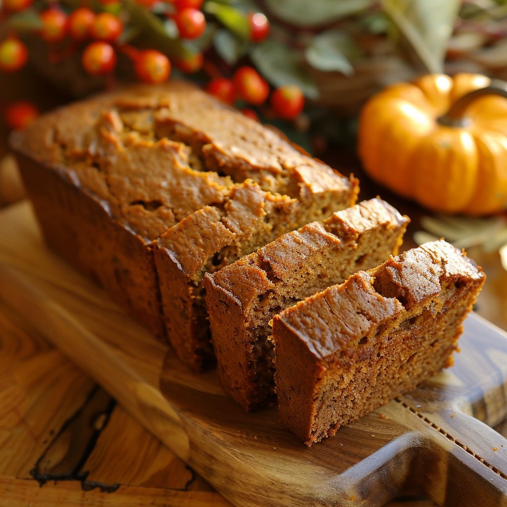 A slice of freshly baked pumpkin bread on a wooden cutting board, surrounded by autumn leaves and spices.
