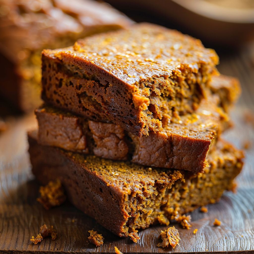 A slice of healthy pumpkin bread on a wooden board with a light background.