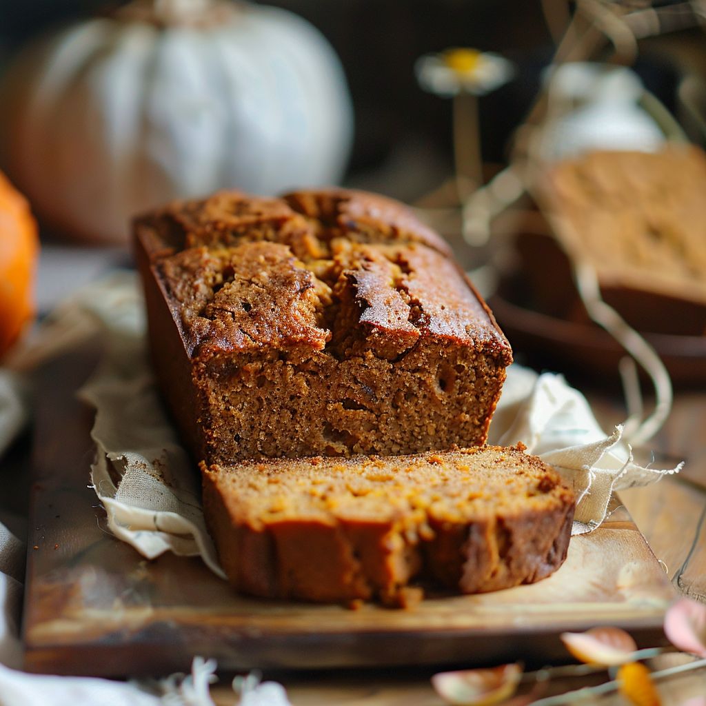 A slice of moist spiced pumpkin bread with a golden-brown crust on a rustic wooden table.