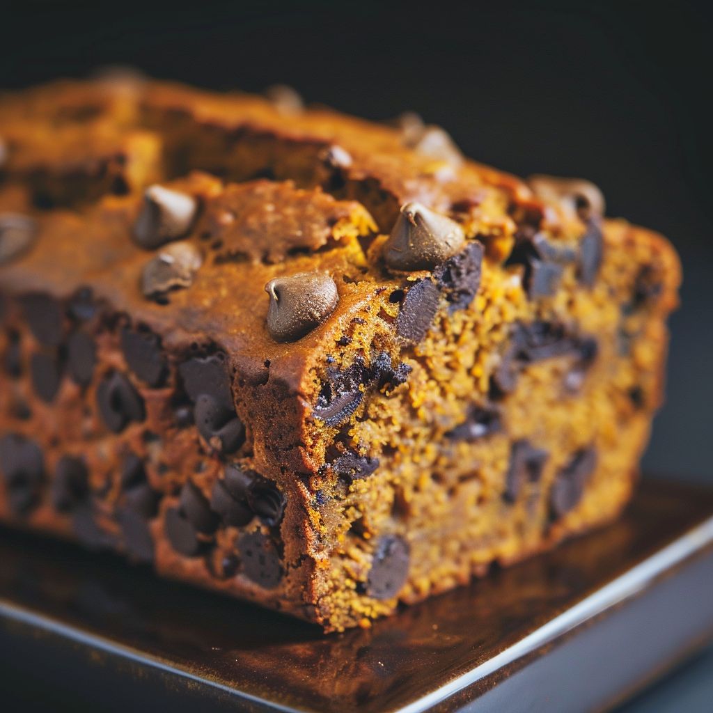 A freshly baked loaf of pumpkin chocolate chip bread on a rustic wooden table.