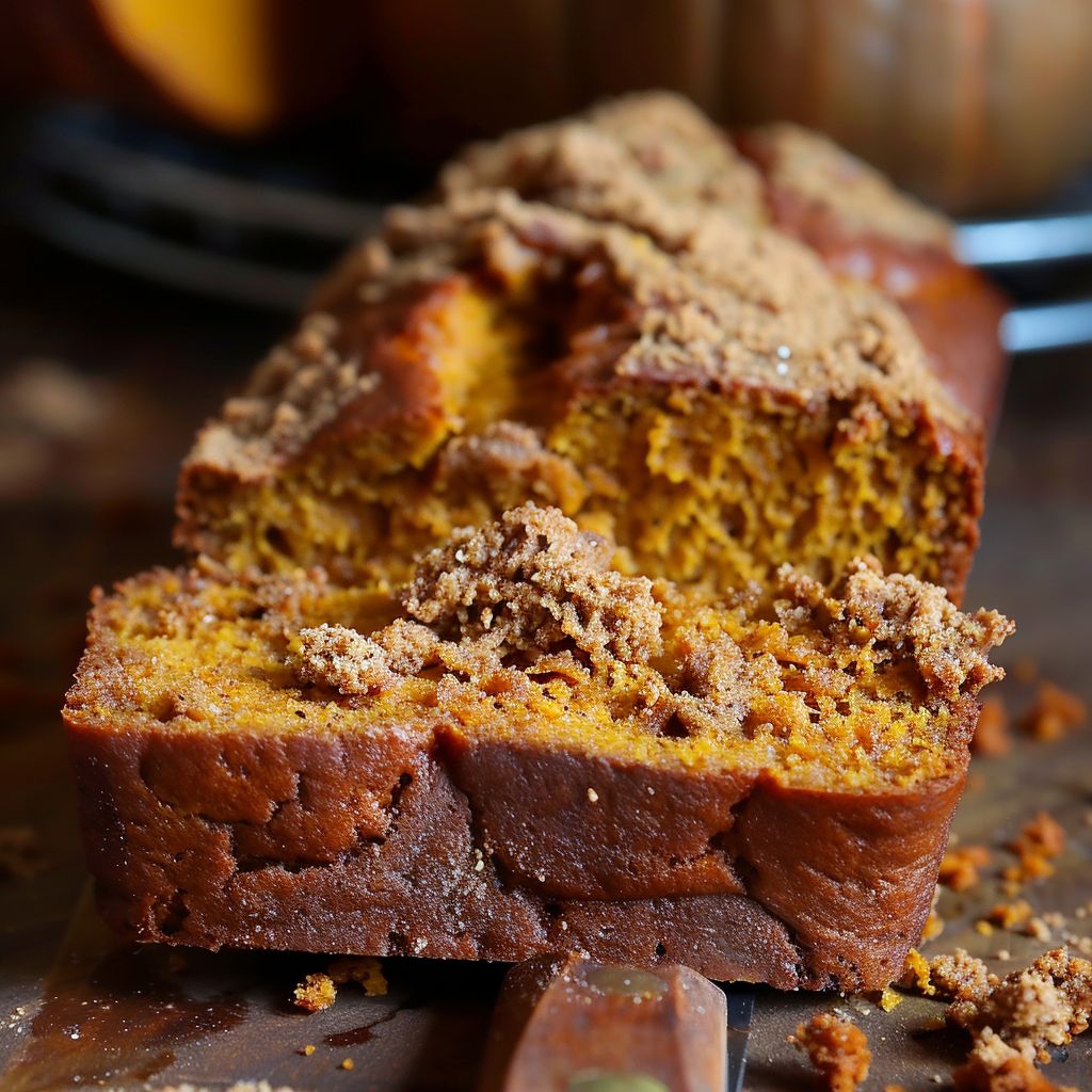 A sliced loaf of spiced pumpkin bread with a moist texture, displayed on a wooden board.