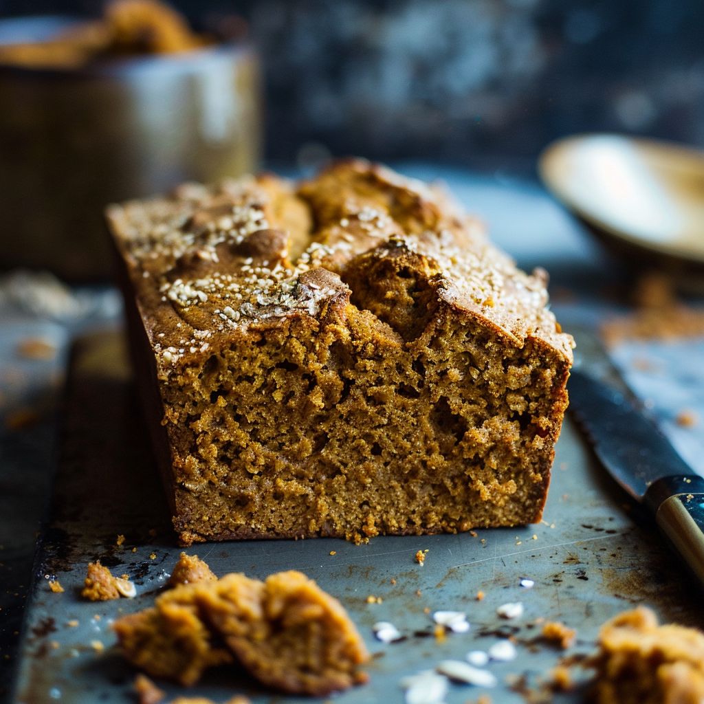A close-up view of a freshly baked loaf of pumpkin bread, showcasing its golden-brown crust and soft interior.