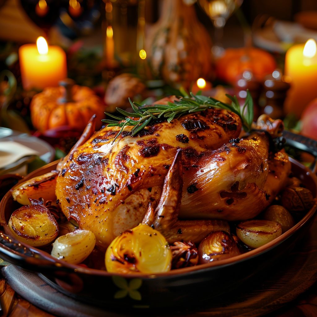 A beautifully arranged autumn-themed dinner table with seasonal dishes and warm lighting.