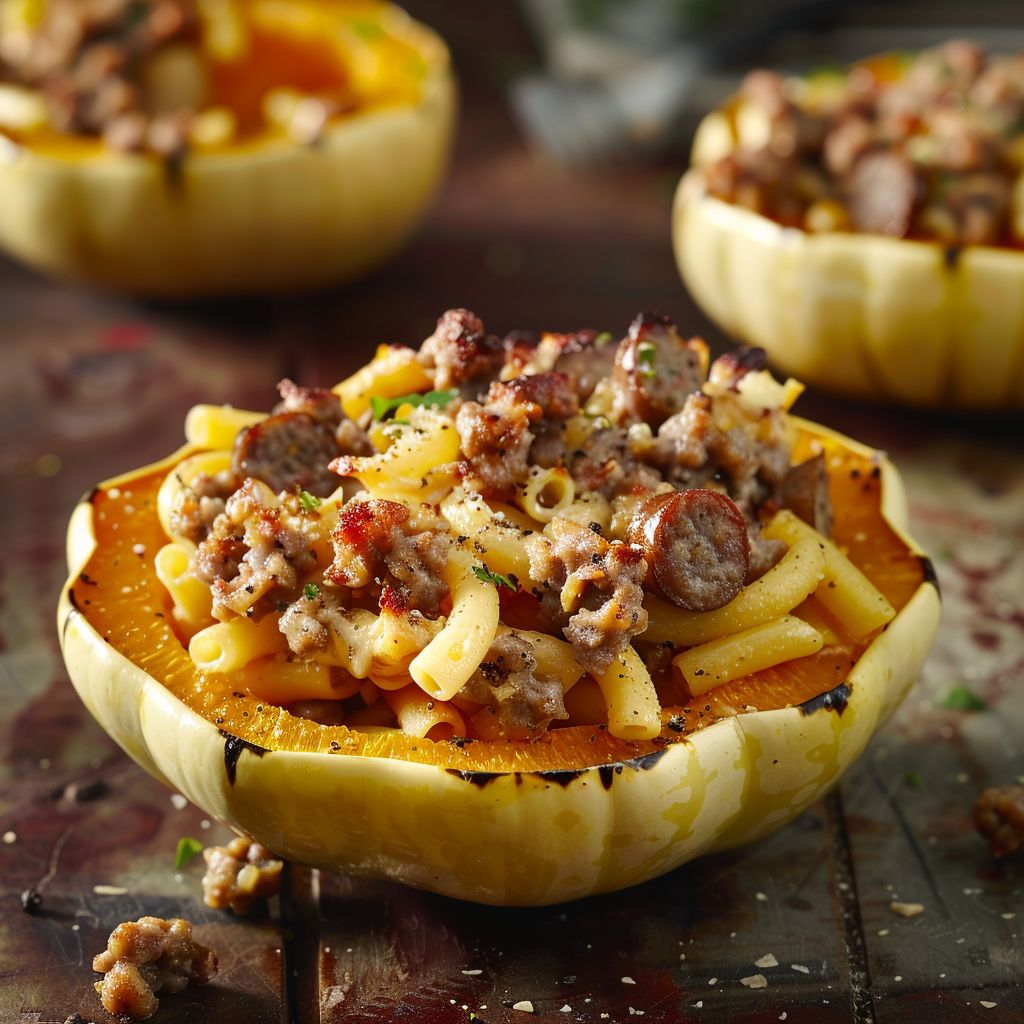 A close-up of a bowl of Autumn Sausage Pasta Squash with colorful ingredients.