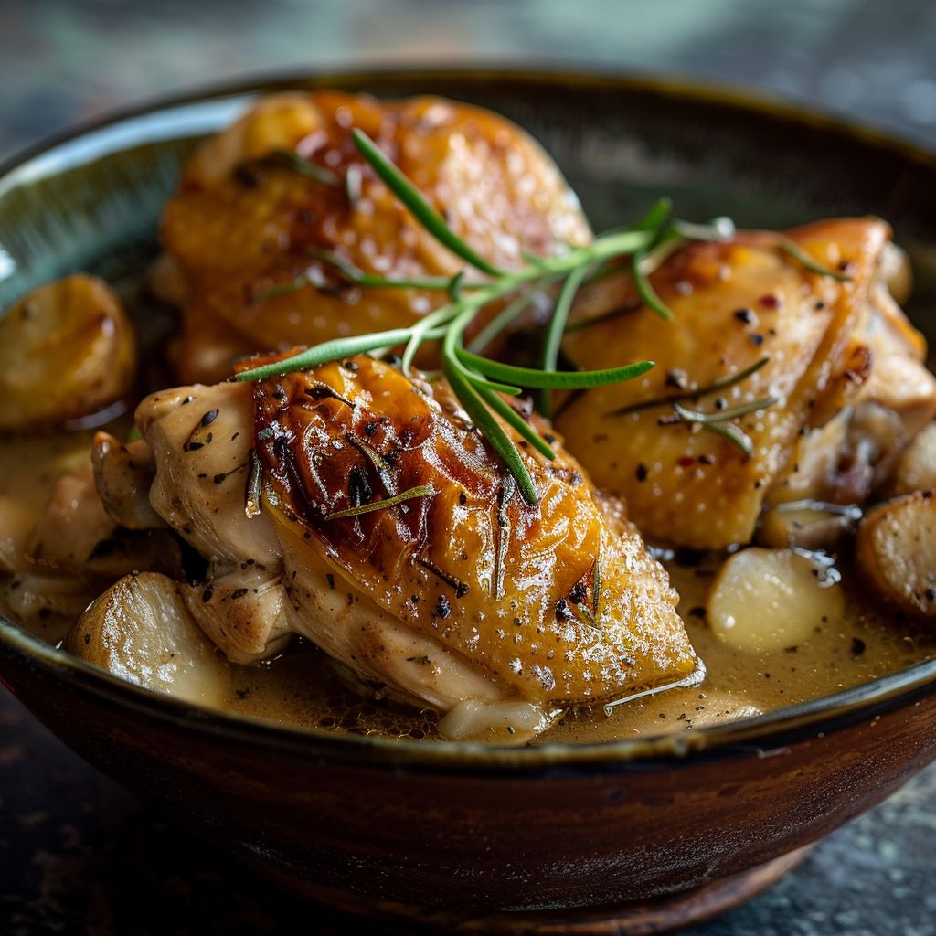A close-up of a savory chicken dish made in a crockpot, featuring tender chicken pieces and colorful vegetables.