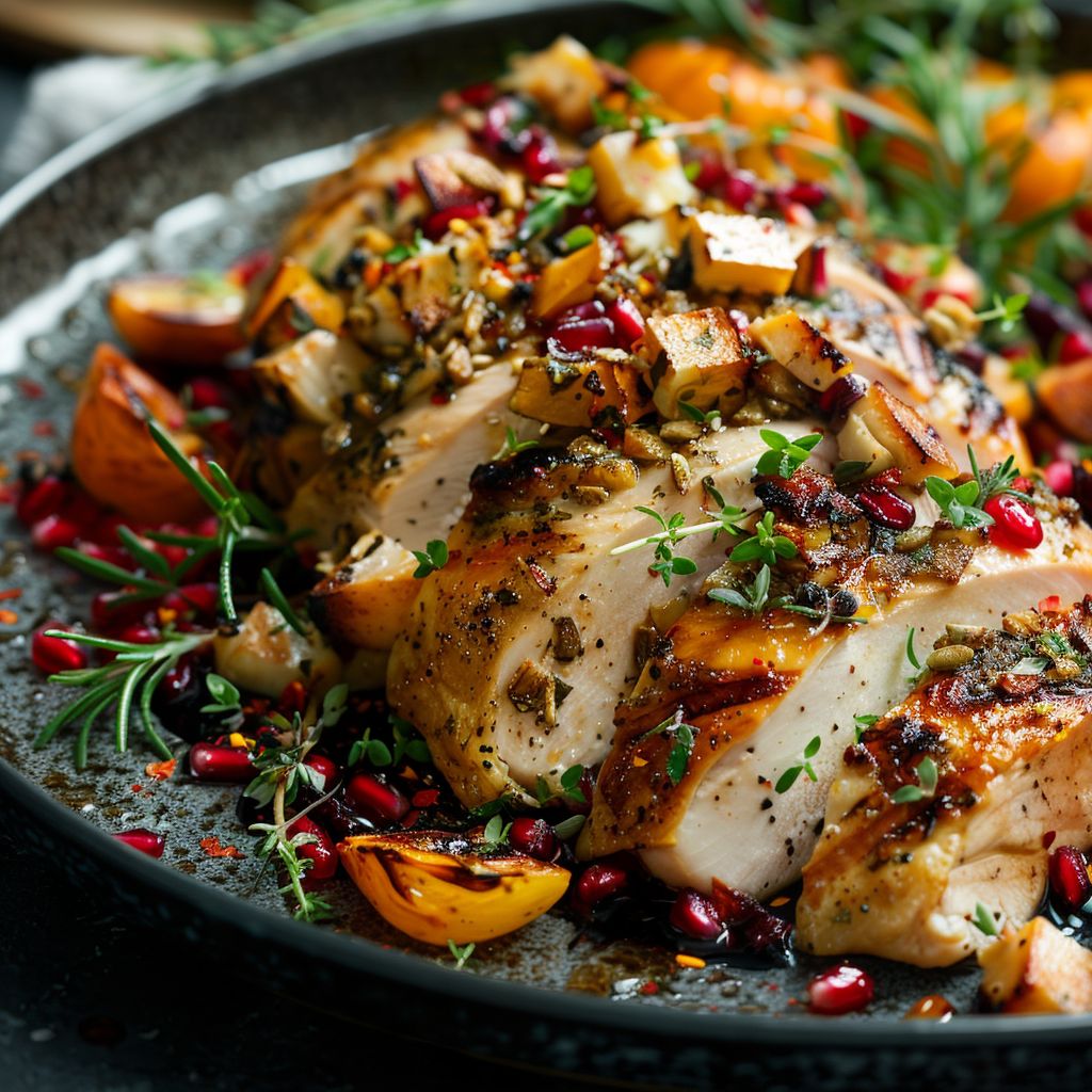 A beautifully plated high-protein fall dinner featuring roasted chicken and vegetables.
