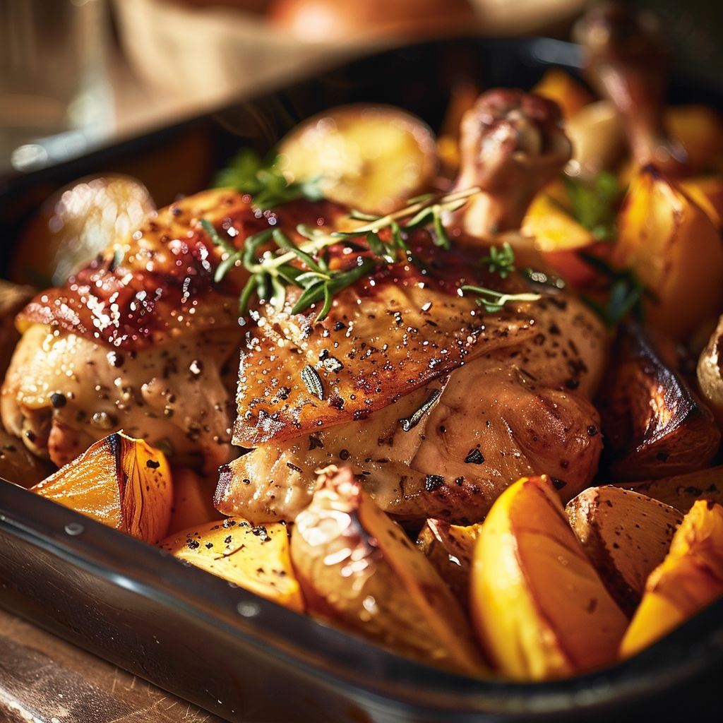 A beautifully arranged plate of roasted chicken surrounded by seasonal vegetables and herbs on a rustic wooden table.