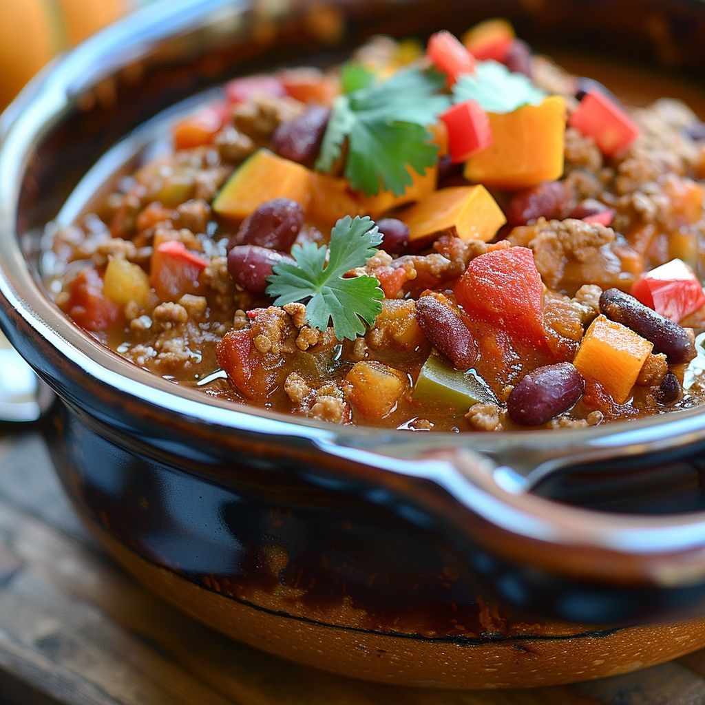 A bowl of vibrant Pumpkin Chili garnished with green herbs, surrounded by ingredients on a wooden table.