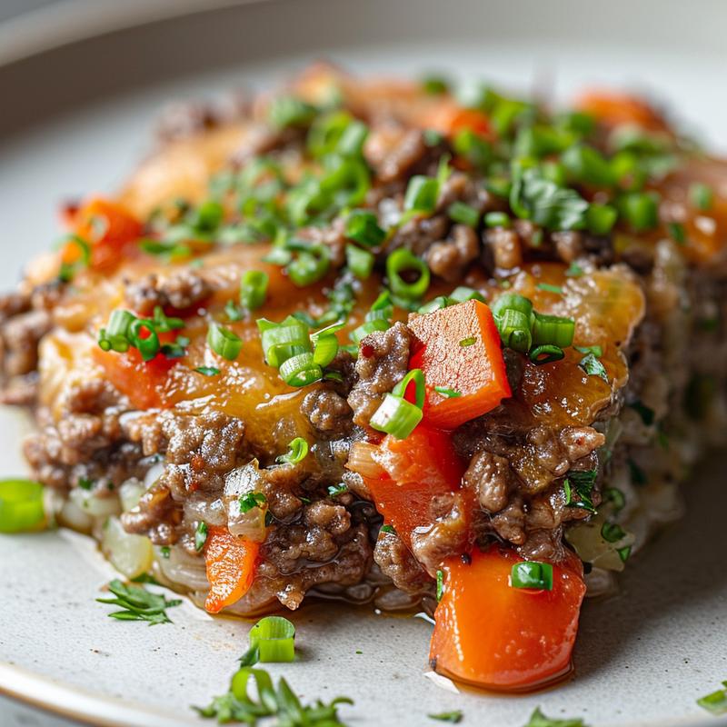 Close-up of a portion of chicken zucchini bake on a light grey plate, showcasing rich textures and colors.